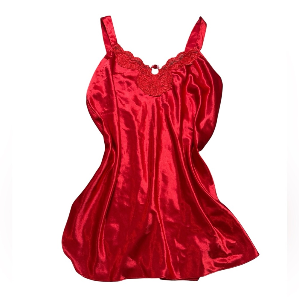 ✨ Vintage Red‎ Satin Lace Chemise Slip Dress by Expressions Sz L ✨